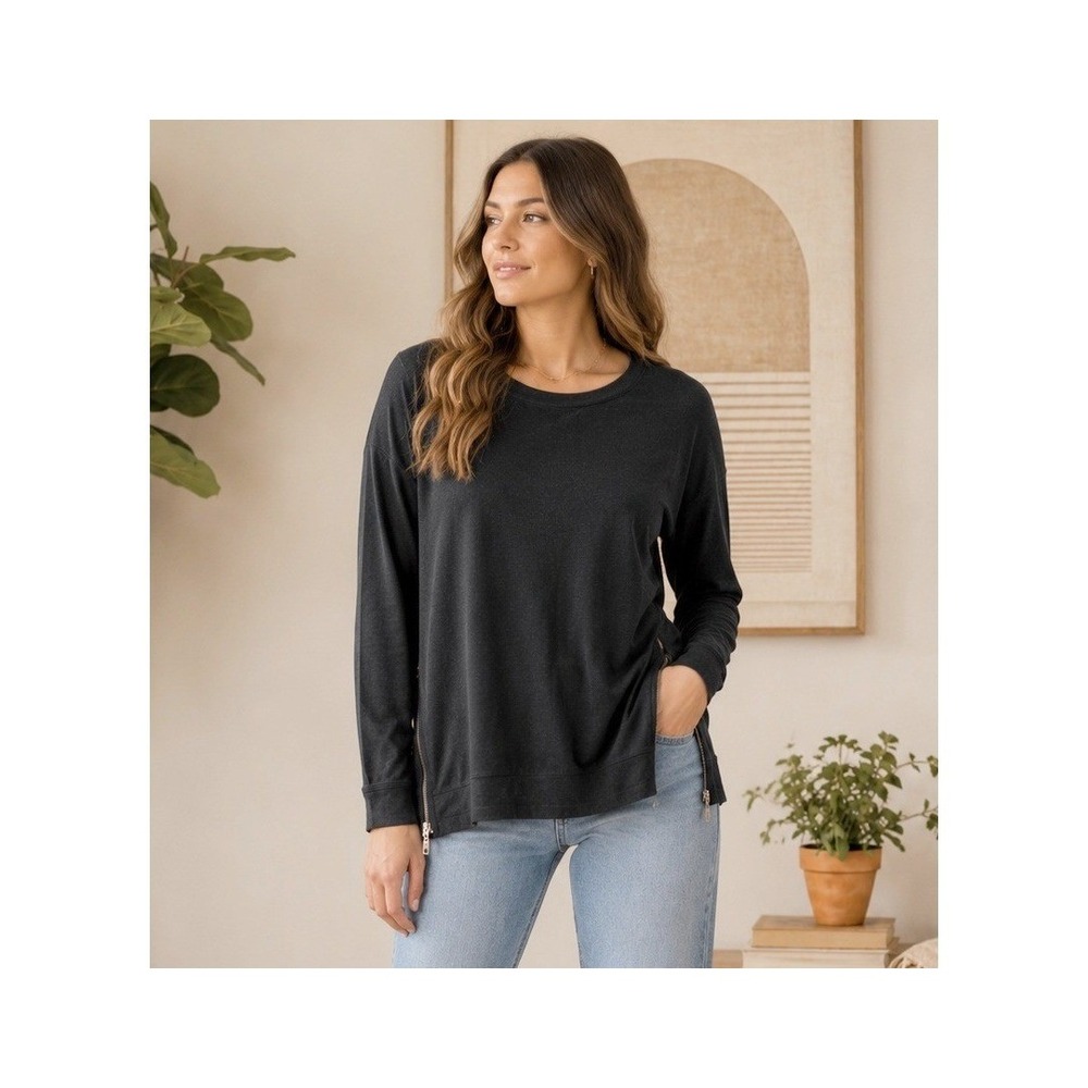 Matty M Long Sleeve Stretch Knit Top XL Charcoal Gray Side Zip Buttery Soft